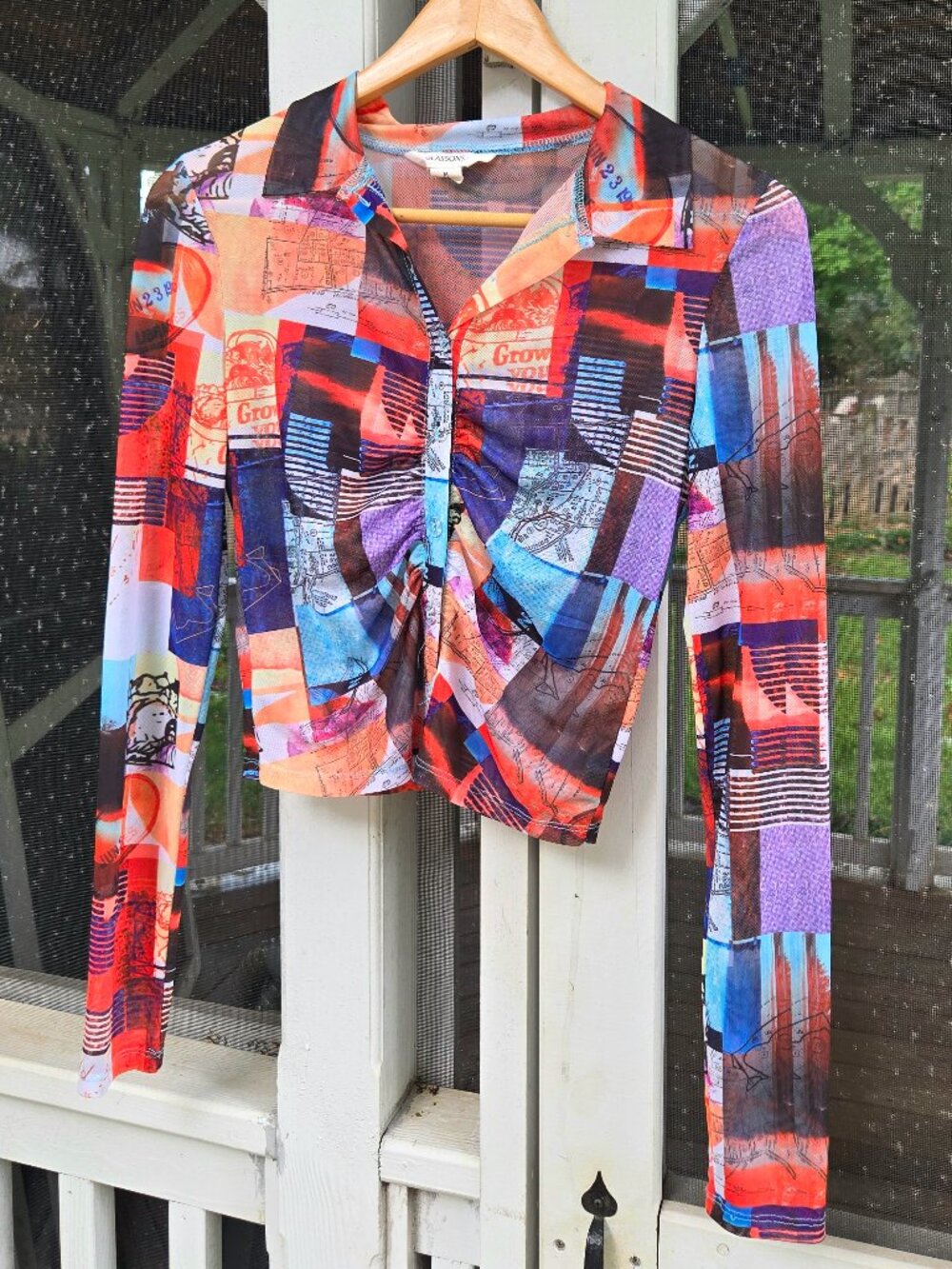 Glassons Colorful Collage Print Mesh Top - Long Sleeve Ruched Button Front Shirt